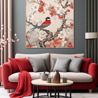 Interior decorative painting of hand-painted plum blossoms, branches, flowers and birds