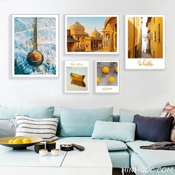 File of 5 paintings combined with the European landscape in gold tone - HG506