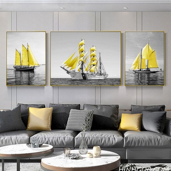 File of Nordic paintings of yellow sails on a black and white sea background - TH0002