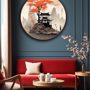 Hand painted pavilion ink Chinese style interior decorative painting