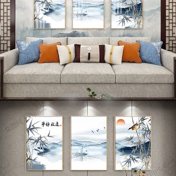 Blue Elegant Ink Landscape Decorative Painting