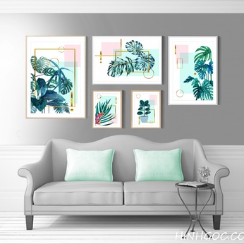 File of 5 paintings combined with tropical leaves - HG504