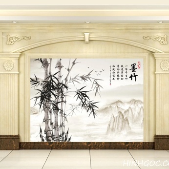 Hand-painted mural file of bamboo landscape and mountains in calligraphic style - HG171