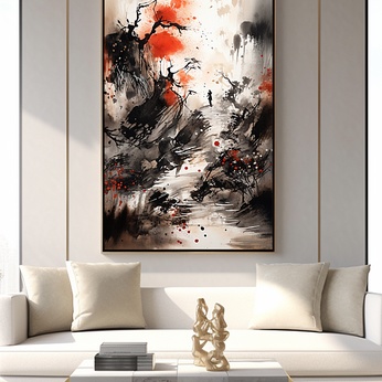 Writing Hand Drawn Ink Chinese Style Interior Decorative Painting