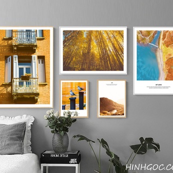 File of 5 paintings combined with gold-tone landscape - HG507