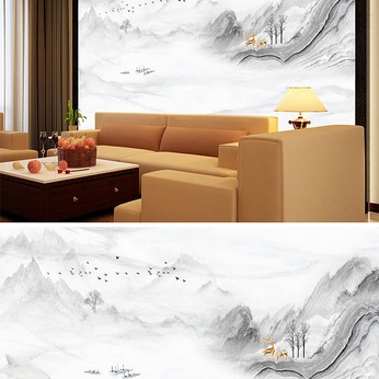 Landscape Painting Ink Landscape Deer Wild Goose Marble Background Wall