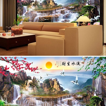 Landscape Painting Flowing Aquatic Wealth Waterfall Background Wall