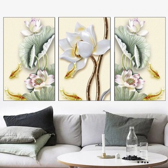 Painting file set of 3 carp with lotus flower porcelain 3D - S008