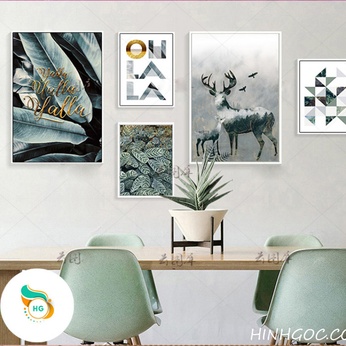 Picture file of 5 paintings combining deer and tropical leaves - HG5011