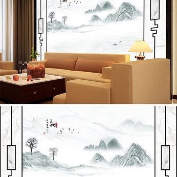 Ink painting landscape painting boat tree background wall