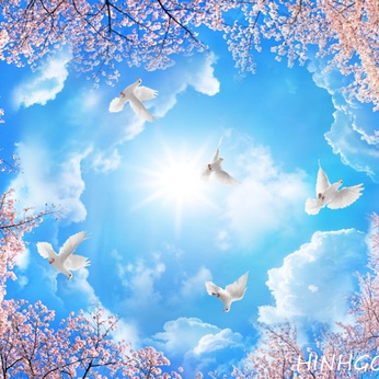 Blue sky ceiling painting file and pigeons behind the forest - TN0001