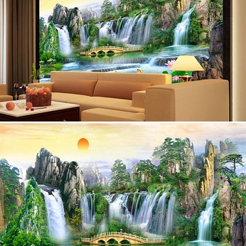 Landscape painting Alpine flowing waterfall Lotus background wall