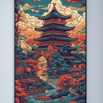 Vintage National Trends Chinese Style Tower Building Decoration Painting