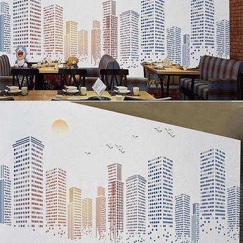 Ink painting city high-rise sun background wall