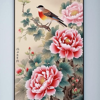 Brown Bird Peony Flower Pencil Chinese Decorative Painting