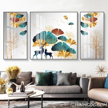 Modern painting of ginkgo leaves and deer - HG1055