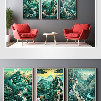 Beijing Wanli Great Wall Green Paper-cut Style Illustration Decorative Painting