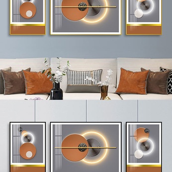 Modern light luxury color matching three-dimensional geometric metallic living room triptych