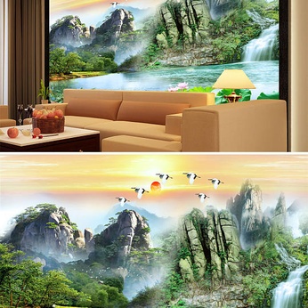 Landscape painting Alpine flowing lotus crane background wall