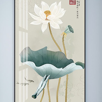 Clear Lotus Ink House and Lotus Carp Decorative Painting