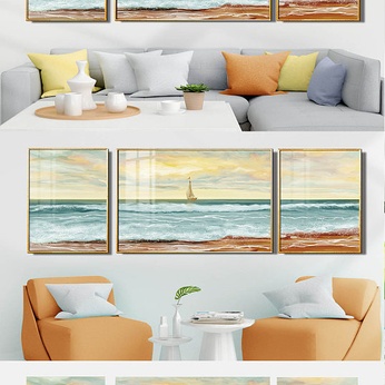 Hand-painted triple decorative painting of living room with sea view