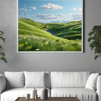 Blue sky, white clouds, green landscape, decorative painting