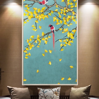 Oil painting file of gold leaf branches and autumn birds - HG155