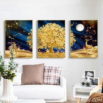 Abstract landscape files of deer and gold coins - F100