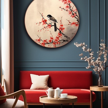 Inked plum tree branches flowers and birds interior decoration painting