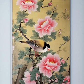 Sparrow Pink Peony Flower Pencil Chinese Decorative Painting