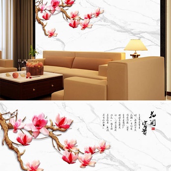 Flowers and Birds Painting Flowering Rich Cotton Marble Background Wall