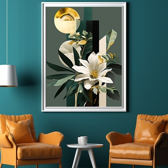 Interior decorative painting of geometric stitching of green plants and flowers