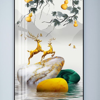 Wufu Linmen gourd golden elk stone to revolve fortune deer crystal porcelain painting