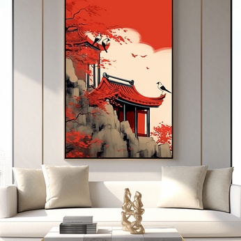 Light luxury Chinese style Chinese style red wall roof decoration painting in the living room