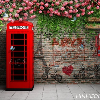 File background picture of rose brick wall climbing red phone box London - DT015