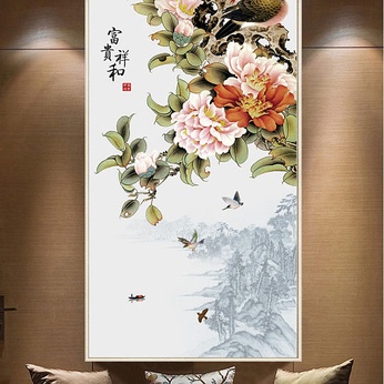 Vintage Flower and Bird Entrance New Chinese Artisan Pen Peony Flower Decorative Painting