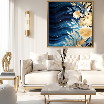 Blue gold romantic flowers gold elegant indoor living room decorative painting