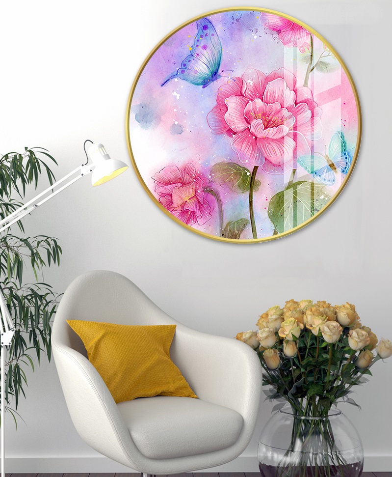 Watercolor flower and butterfly circle picture file - HL0024