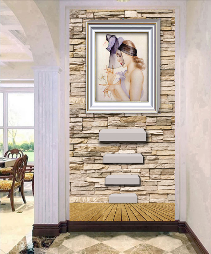 File of portrait frame wall paintings on a stacked stone background - CD022