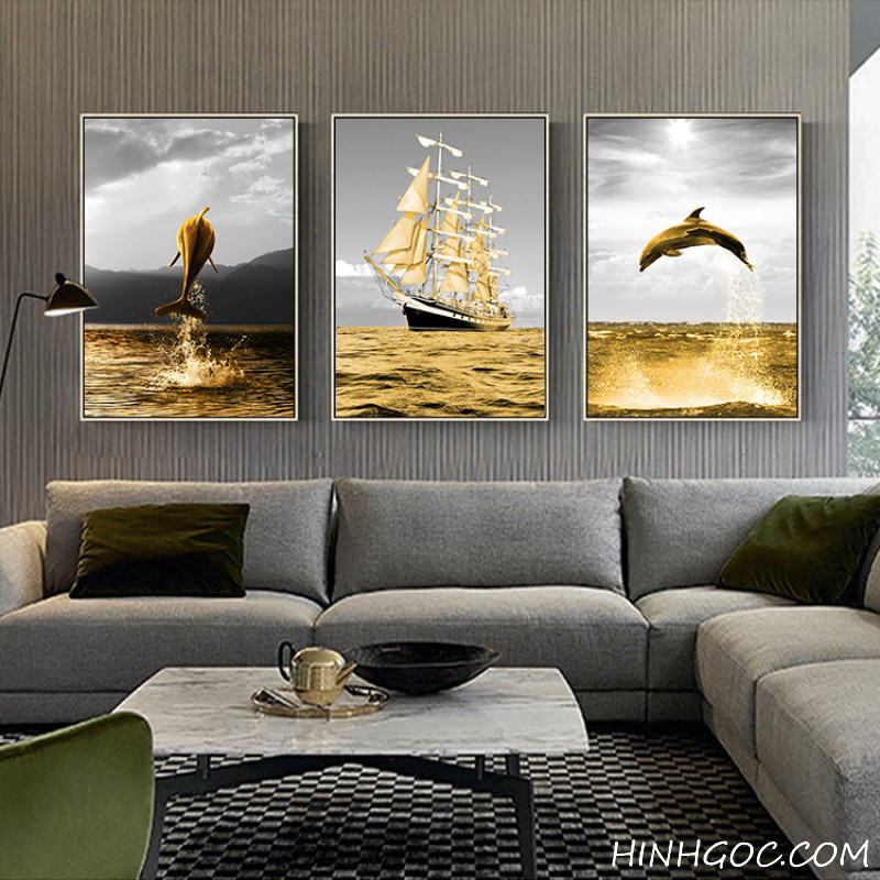 Golden whale and boat painting file - HG3008