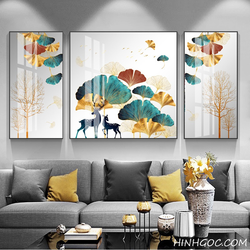 Modern painting of ginkgo leaves and deer - HG1055