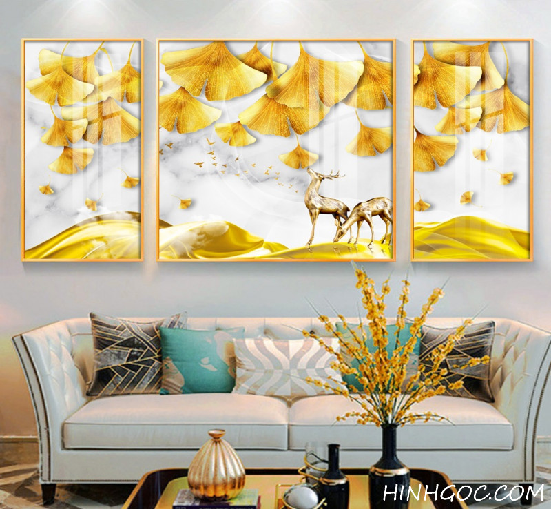 Modern painting of ginkgo leaves combined with yellow deer - HG1056