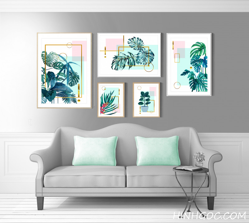 File of 5 paintings combined with tropical leaves - HG504