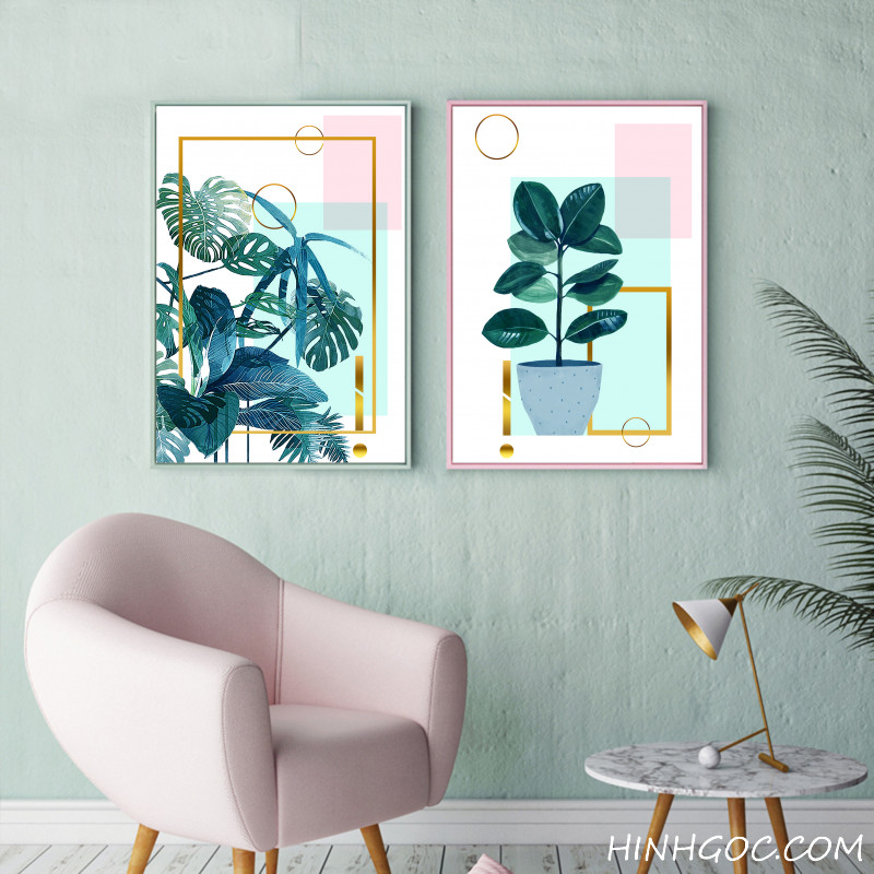 File of 5 paintings combined with tropical leaves - HG504