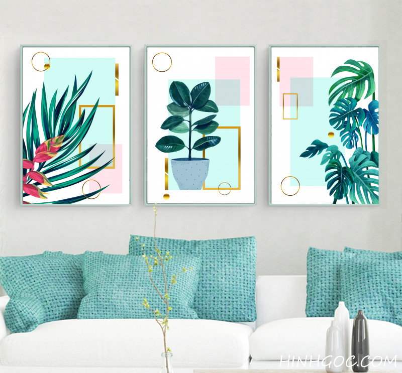 File of 5 paintings combined with tropical leaves - HG504