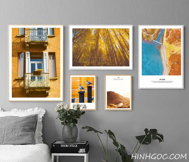 File of 5 paintings combined with gold-tone landscape - HG507