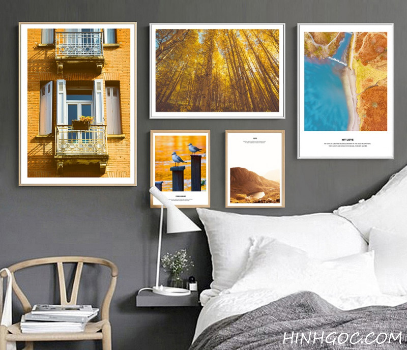 File of 5 paintings combined with gold-tone landscape - HG507