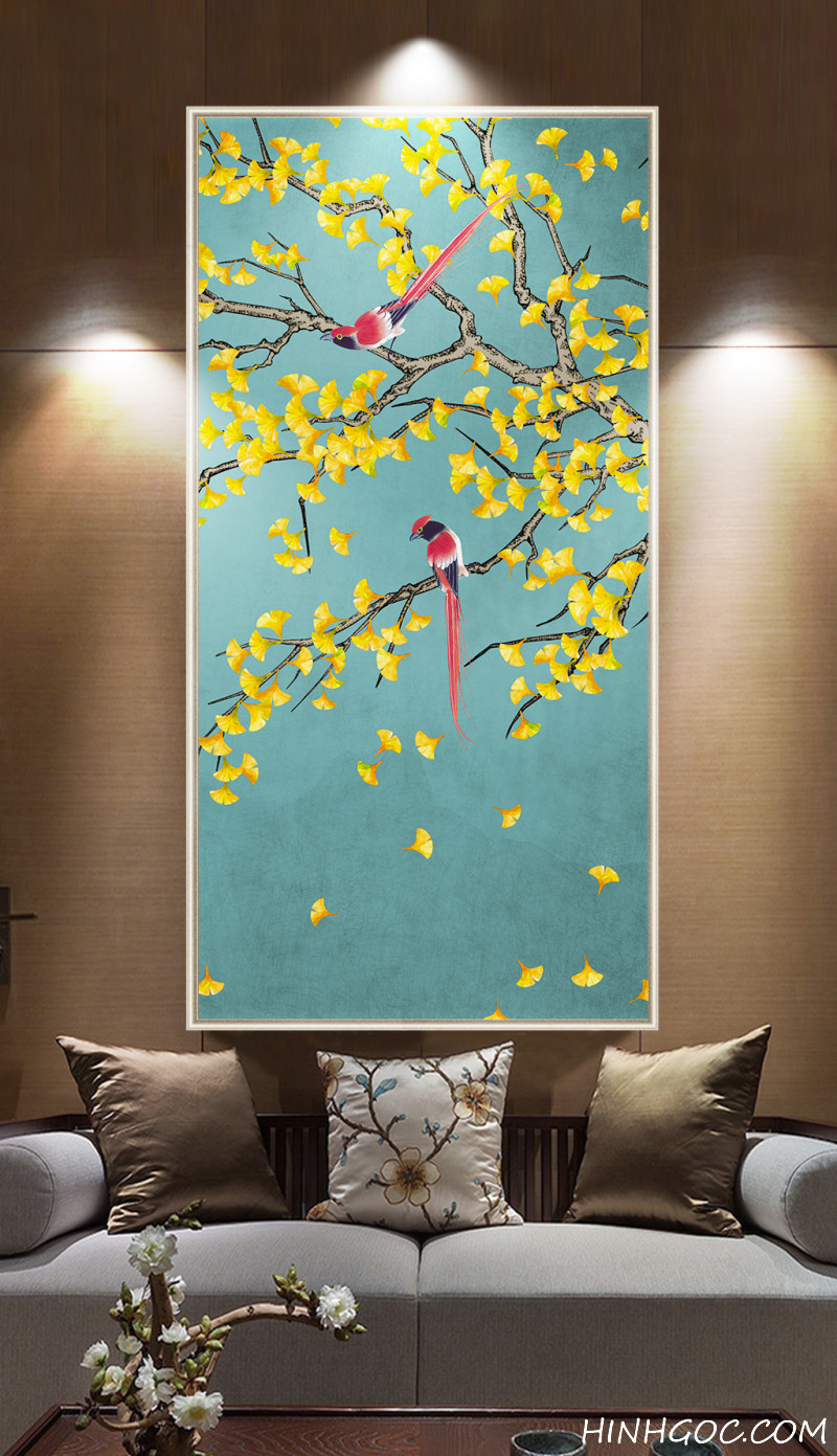 Oil painting file of gold leaf branches and autumn birds - HG155