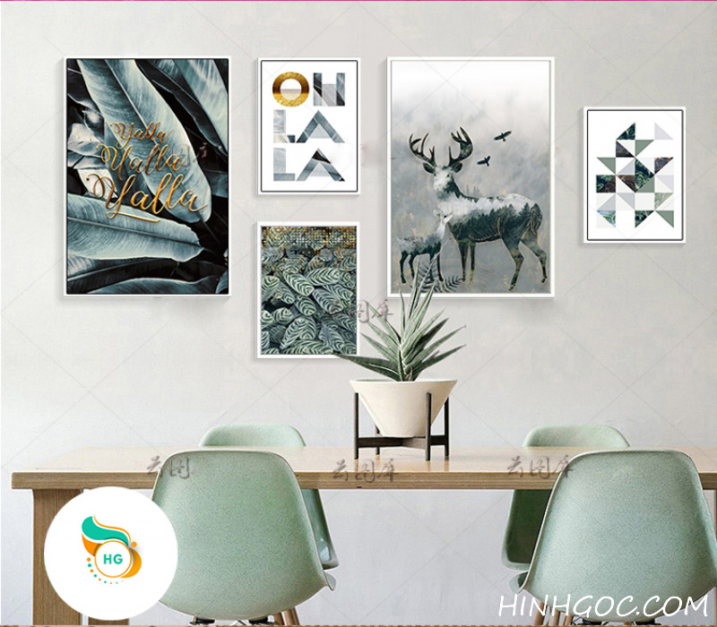 Picture file of 5 paintings combining deer and tropical leaves - HG5011