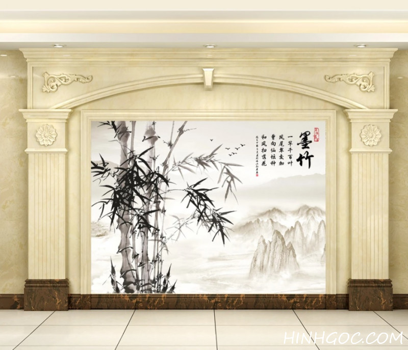 Hand-painted mural file of bamboo landscape and mountains in calligraphic style - HG171